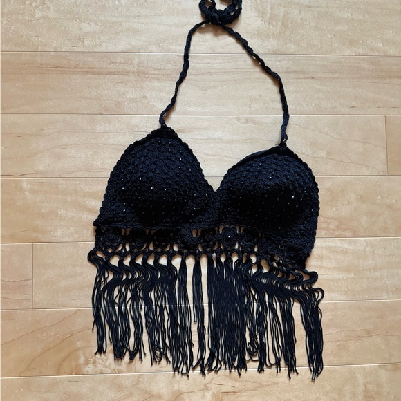 Tops - Black Crochet Halter Top with Fringe